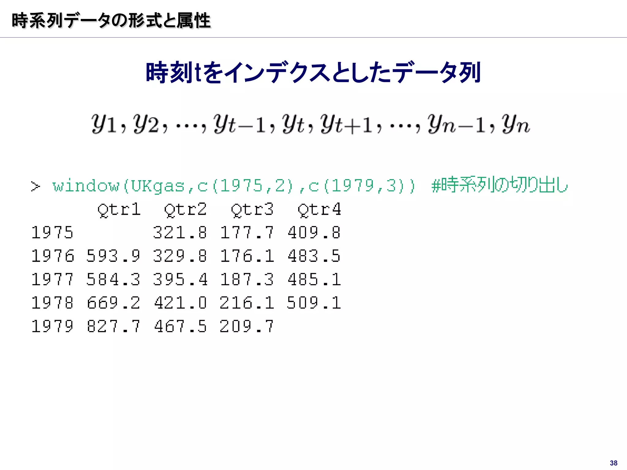時系列データの形式と属性


        時刻tをインデクスとしたデータ列




                           38
 