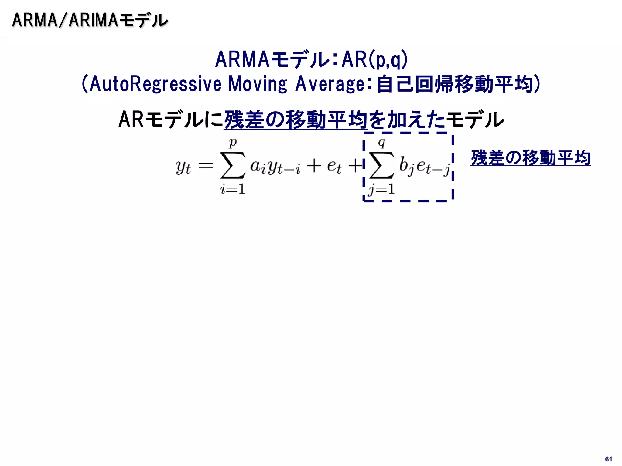 ARMA/ARIMAモデル

                   ARMAモデル：AR(p,q)
     (AutoRegressive Moving Average：自己回帰移動平均)
        ARモデルに残差の移動平均を加えたモデル
                                      残差の移動平均




                                                61
 