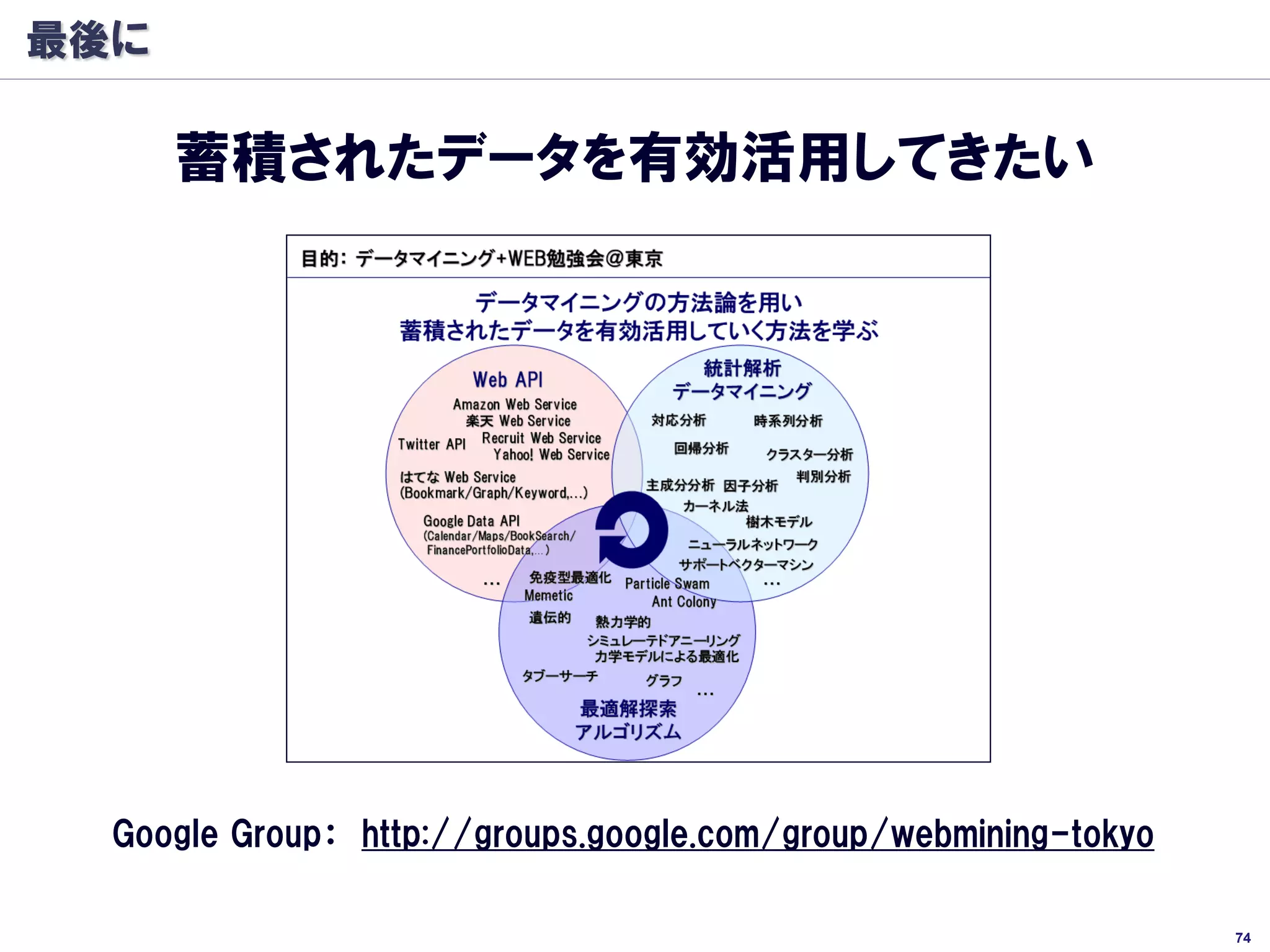 最後に

      蓄積されたデータを有効活用してきたい




  Google Group： http://groups.google.com/group/webmining-tokyo

                                                                 74
 
