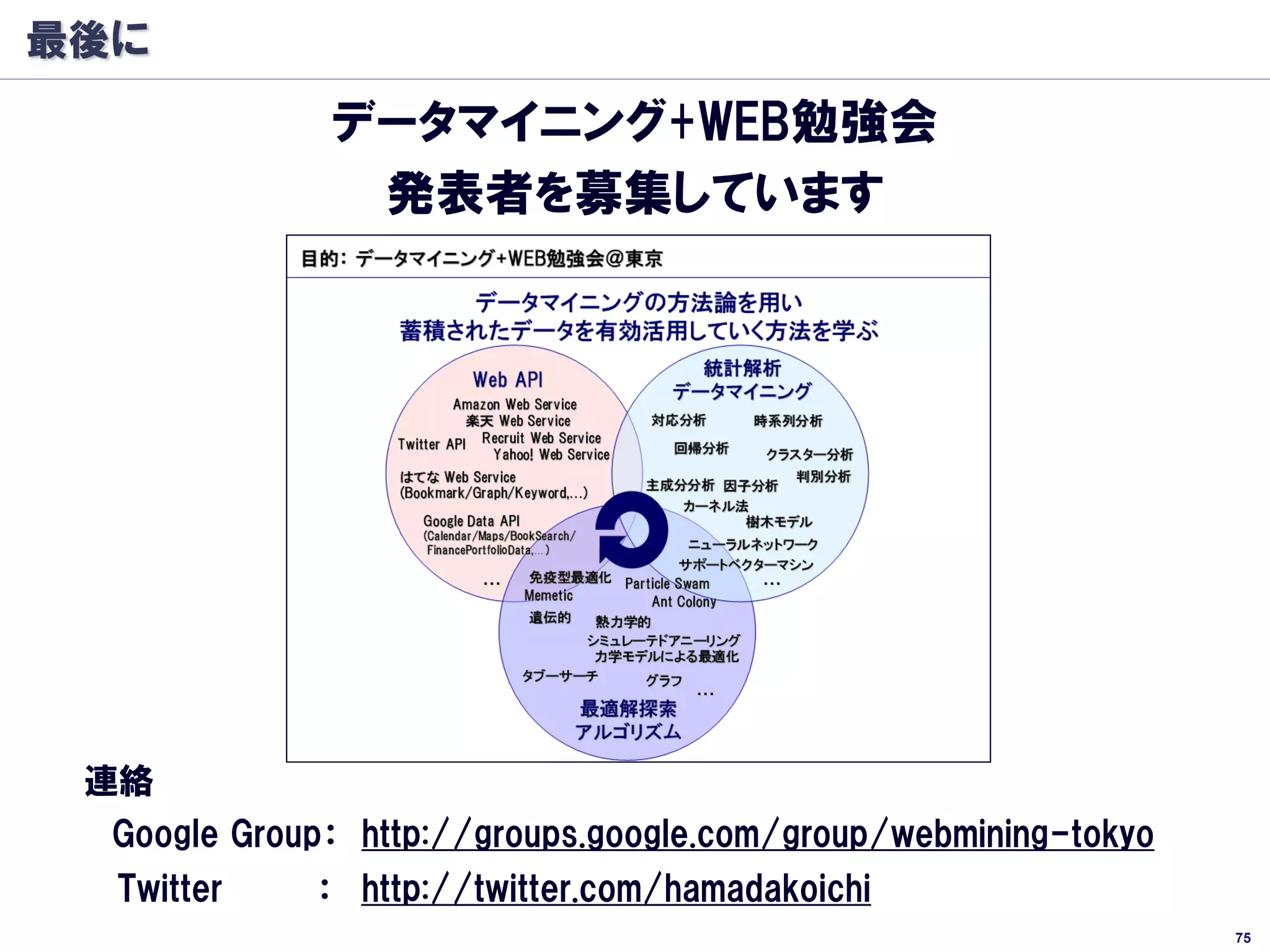 最後に
               データマイニング+WEB勉強会
                発表者を募集しています




 連絡
  Google Group： http://groups.google.com/group/webmining-tokyo
  Twitter     ： http://twitter.com/hamadakoichi
                                                                 75
 