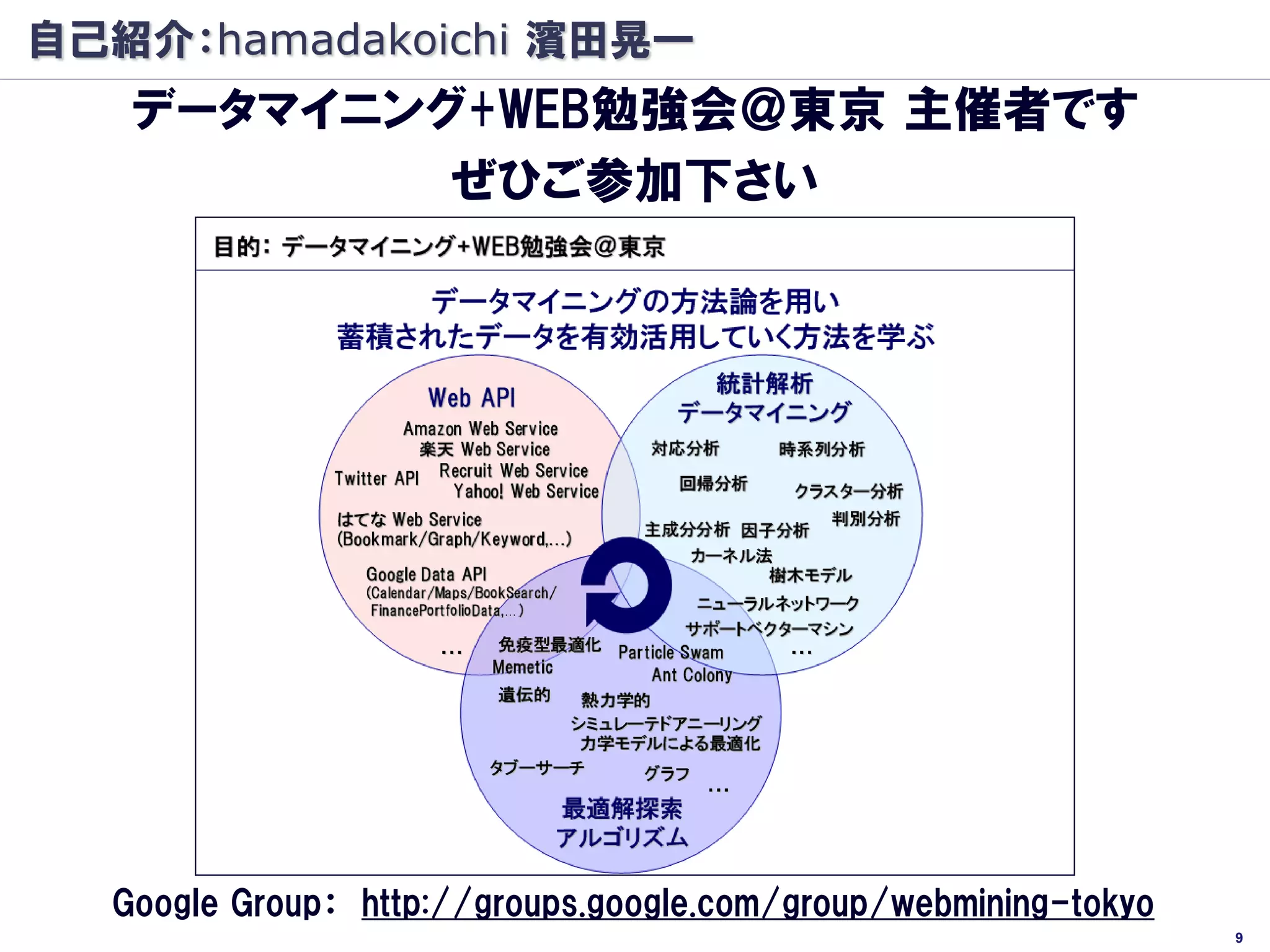 自己紹介：hamadakoichi 濱田晃一
   データマイニング+WEB勉強会＠東京 主催者です
           ぜひご参加下さい




  Google Group： http://groups.google.com/group/webmining-tokyo
                                                                 9
 