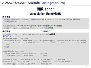 アソシエーションルールの抽出(Package:arules)

                                関数 apriori
                          Association Ruleの抽出
実行手順
install.packages(“arules”, dependencies = TRUE) #arules パッケージをインストール
library(arules)

data(Income) #サンフランシスコのショッピングモールの顧客のアンケート結果
result <- apriori(Income) #Association Ruleの抽出

実行情報
> result <- apriori(Income) #Association Ruleの抽出
実行パラメータ
parameter specification:
 confidence minval smax arem aval originalSupport support minlen maxlen target
        0.8    0.1    1 none FALSE            TRUE    0.1      1      5 rules
   ext
 FALSE

algorithmic control:
 filter tree heap memopt load sort verbose
    0.1 TRUE TRUE FALSE TRUE     2    TRUE

apriori - find association rules with the apriori algorithm
version 4.21 (2004.05.09)        (c) 1996-2004   Christian Borgelt
set item appearances ...[0 item(s)] done [0.00s].
                                                                             48
 