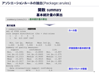 アソシエーションルールの抽出(Package:arules)

                            関数 summary
                           基本統計量の算出
  summary(result) #基本統計量の算出

 実行結果
 > summary(result) #概要情報
 set of 6346 rules                                   ルール数
 rule length distribution (lhs + rhs):sizes
    1    2    3    4    5
    1   56 615 2287 3387

    Min. 1st Qu. Median     Mean 3rd Qu.     Max.
   1.000   4.000   5.000   4.419   5.000    5.000
 summary of quality measures:                        評価指標の基本統計量
     support         confidence           lift
  Min.   :0.1001   Min.   :0.8000   Min.    :0.897
  1st Qu.:0.1129   1st Qu.:0.8420   1st Qu.:1.075
  Median :0.1313   Median :0.9040   Median :1.314
  Mean   :0.1471   Mean   :0.9010   Mean    :1.387
  3rd Qu.:0.1617   3rd Qu.:0.9553   3rd Qu.:1.480
  Max.   :0.9129   Max.   :1.0000   Max.    :4.331
 mining info:
    data ntransactions support confidence            実行パラメータ情報
  Income          6876     0.1        0.8
                                                                  52
 