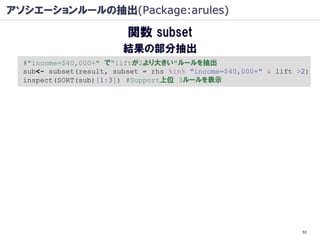 アソシエーションルールの抽出(Package:arules)

                          関数 subset
                         結果の部分抽出
  #"income=$40,000+" で"liftが2より大きい"ルールを抽出
  sub<- subset(result, subset = rhs %in% "income=$40,000+" & lift >2)
  inspect(SORT(sub)[1:3]) #Support上位 3ルールを表示




                                                                   53
 
