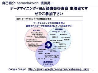 自己紹介：hamadakoichi 濱田晃一
   データマイニング+WEB勉強会＠東京 主催者です
           ぜひご参加下さい




  Google Group： http://groups.google.com/group/webmining-tokyo   7
 