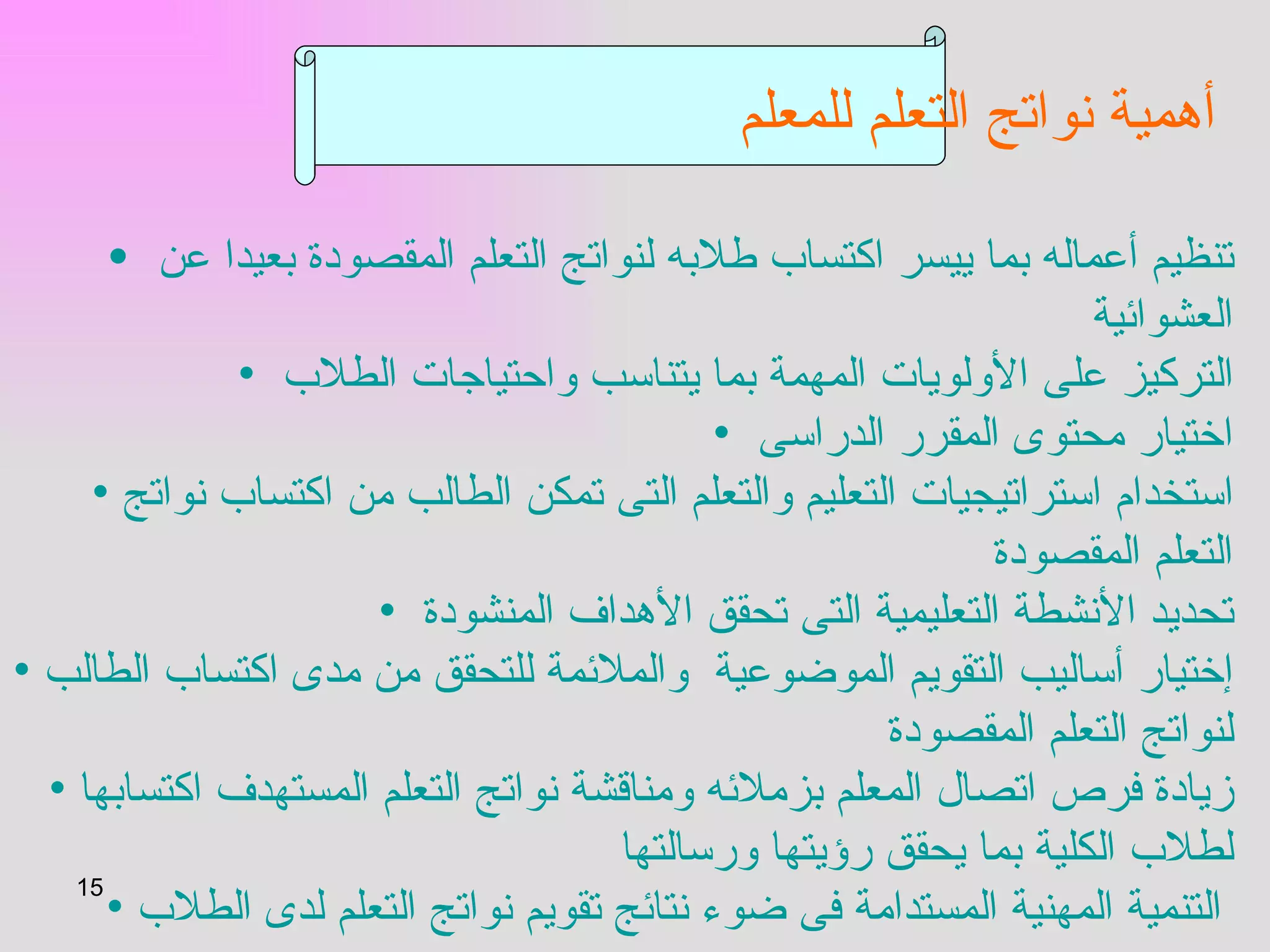 أهمية نواتج التعلم للمعلم   تنظيم أعماله بما ييسر اكتساب طلابه لنواتج التعلم المقصودة بعيدا عن العشوائية  التركيز على الأولويات المهمة بما يتناسب واحتياجات الطلاب  اختيار محتوى المقرر الدراسى  استخدام استراتيجيات التعليم والتعلم التى تمكن الطالب من اكتساب نواتج التعلم المقصودة  تحديد الأنشطة التعليمية التى تحقق الأهداف المنشودة  إختيار أساليب التقويم الموضوعية  والملائمة للتحقق من مدى اكتساب الطالب لنواتج التعلم المقصودة  زيادة فرص اتصال المعلم بزملائه ومناقشة نواتج التعلم المستهدف اكتسابها لطلاب الكلية بما يحقق رؤيتها ورسالتها  التنمية المهنية المستدامة فى ضوء نتائج تقويم نواتج التعلم لدى الطلاب   