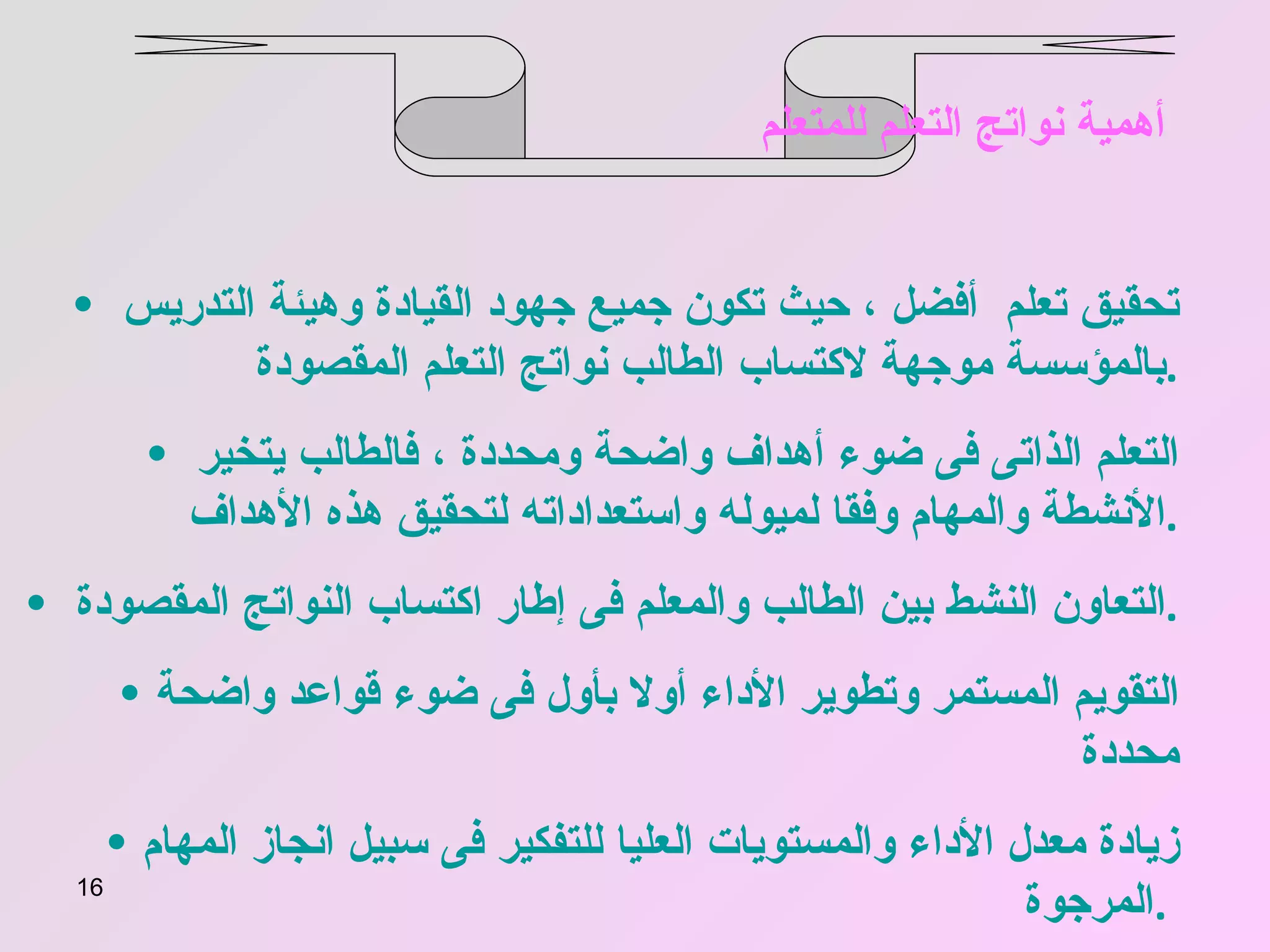 أهمية نواتج التعلم للمتعلم   تحقيق تعلم   أفضل ، حيث تكون جميع جهود القيادة وهيئة التدريس بالمؤسسة موجهة لاكتساب الطالب نواتج التعلم المقصودة  . التعلم الذاتى فى ضوء أهداف واضحة ومحددة ، فالطالب يتخير الأنشطة والمهام وفقا لميوله واستعداداته لتحقيق هذه الأهداف  . التعاون النشط بين الطالب والمعلم فى إطار اكتساب النواتج المقصودة  . التقويم المستمر وتطوير الأداء أولا بأول فى ضوء قواعد واضحة محددة  زيادة معدل الأداء والمستويات العليا للتفكير فى سبيل انجاز المهام المرجوة  .  زيادة  فرص النجاح لاكتساب نواتج التعلم المنشودة  .   