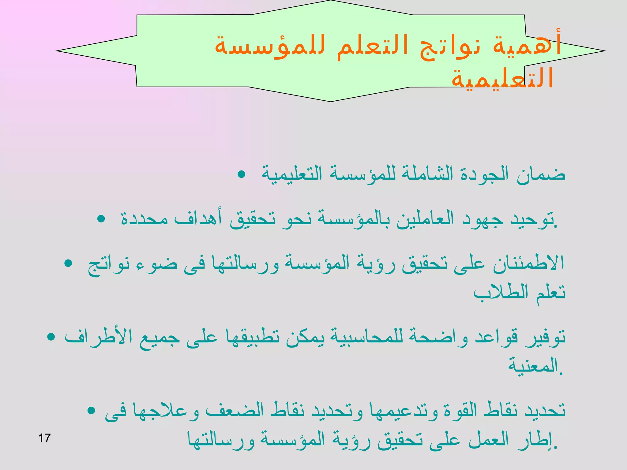 أهمية نواتج التعلم للمؤسسة التعليمية   ضمان الجودة الشاملة للمؤسسة التعليمية  توحيد جهود العاملين بالمؤسسة نحو تحقيق أهداف محددة  .  الاطمئنان على تحقيق رؤية المؤسسة ورسالتها فى ضوء نواتج  تعلم الطلاب  توفير قواعد واضحة للمحاسبية يمكن تطبيقها على جميع الأطراف المعنية  . تحديد نقاط القوة وتدعيمها وتحديد نقاط الضعف وعلاجها فى إطار العمل على تحقيق رؤية المؤسسة ورسالتها  .  تكافؤ الفرص بين طلاب المؤسسات المتناظرة  .   