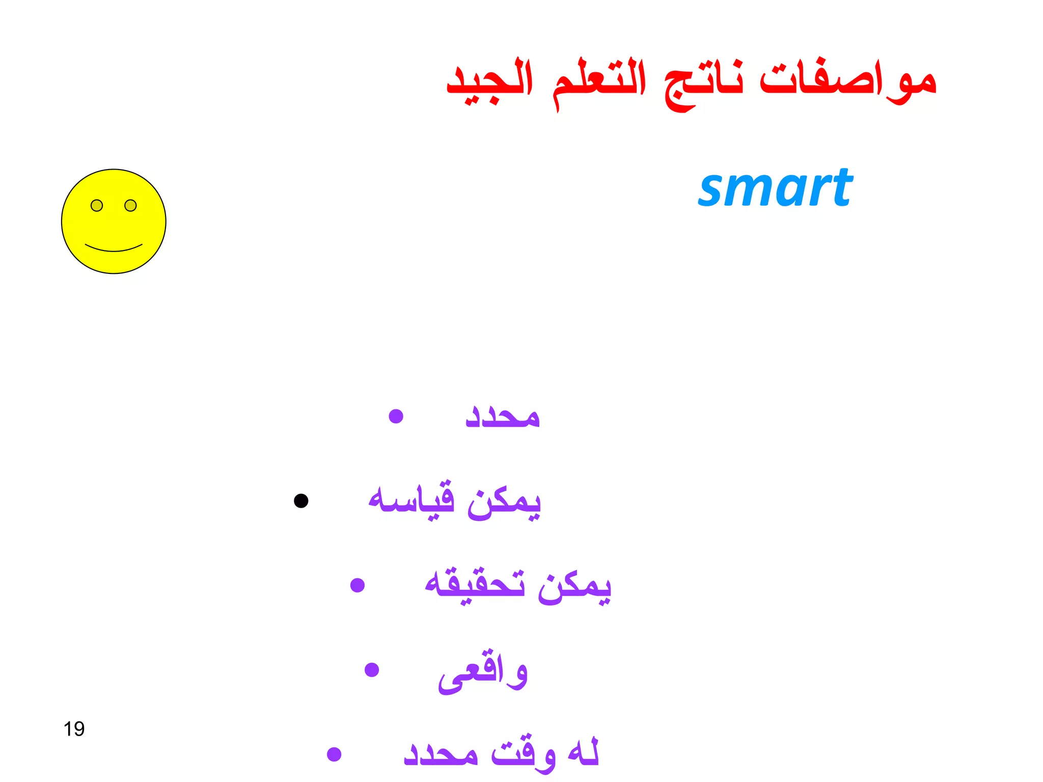 مواصفات ناتج التعلم الجيد   smart   محدد   specific  يمكن قياسه   measurable  يمكن تحقيقه   attainable  واقعى   realistic  له وقت محدد   time bound  