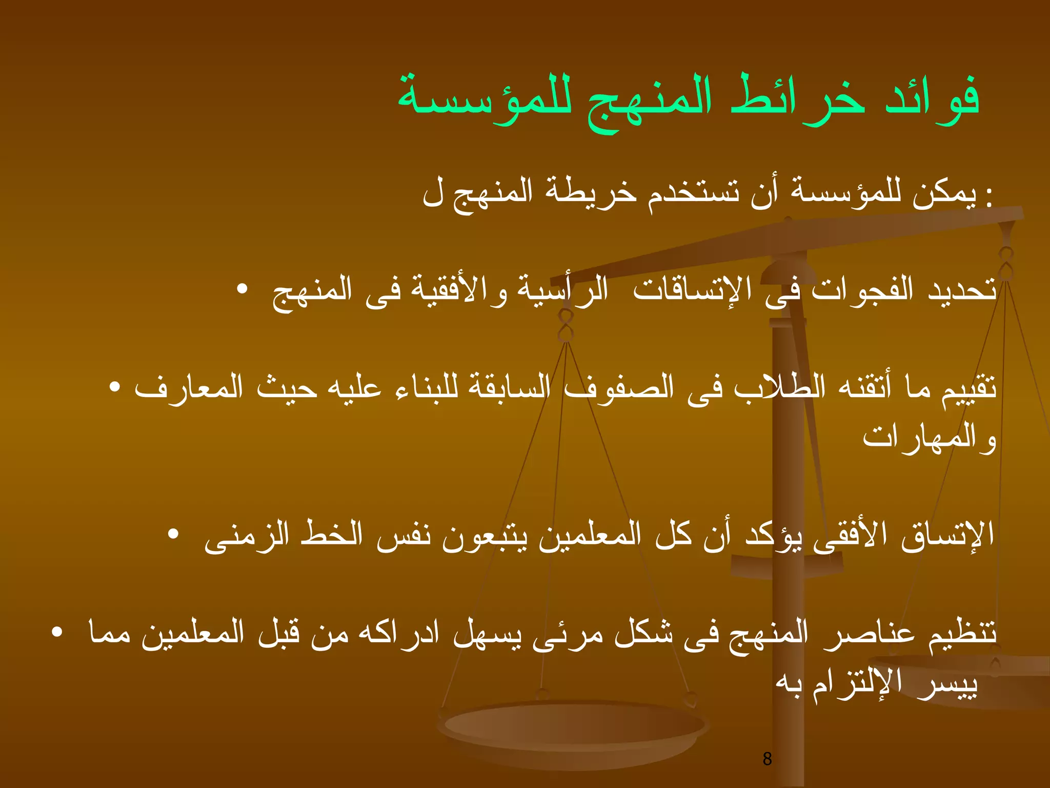 فوائد خرائط المنهج للمؤسسة   يمكن للمؤسسة أن تستخدم خريطة المنهج ل :  تحديد الفجوات فى الإتساقات  الرأسية والأفقية فى المنهج  تقييم ما أتقنه الطلاب فى الصفوف السابقة للبناء عليه حيث المعارف والمهارات  الإتساق الأفقى يؤكد أن كل المعلمين يتبعون نفس الخط الزمنى  تنظيم عناصر المنهج فى شكل مرئى يسهل ادراكه من قبل المعلمين مما  ييسر الإلتزام به   