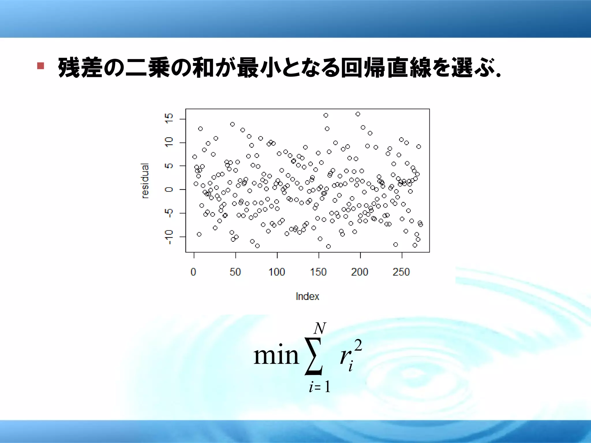  残差の二乗の和が最小となる回帰直線を選ぶ．




              N
          min ∑ ri   2

              i= 1
 