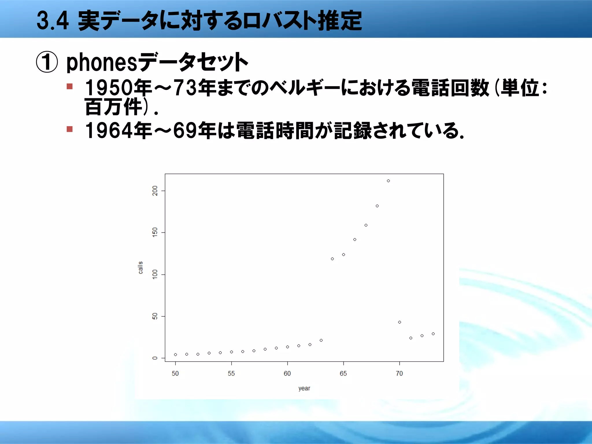 3.4 実データに対するロバスト推定
① phonesデータセット
  1950年～73年までのベルギーにおける電話回数(単位：
   百万件)．
  1964年～69年は電話時間が記録されている．
 