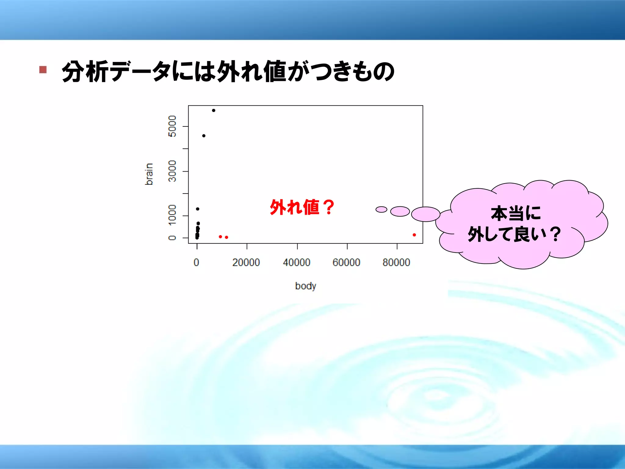  分析データには外れ値がつきもの




           外れ値？      本当に
                    外して良い？
 