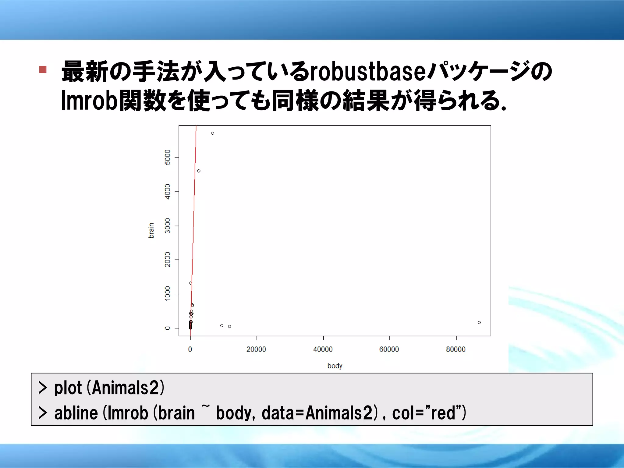  最新の手法が入っているrobustbaseパッケージの
  lmrob関数を使っても同様の結果が得られる．




> plot(Animals2)
> abline(lmrob(brain ~ body, data=Animals2), col="red")
 