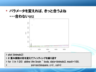  パラメータを変えれば，きっと合うよね
  ・・・合わないorz




> plot(Animals2)
> # 重み関数の形を変えてフィッティングを繰り返す
> for (i in 1:20) abline(rlm(brain ~ body, data=Animals2, maxit=100,
+                        psi=psi.bisquare, c=i), col=i)
 
