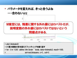  パラメータを変えれば，きっと合うよね
  ・・・合わないorz


  M推定には，残差に関する外れ値にはロバストだが，
   説明変数の外れ値にはロバストではないという
          問題点がある．


> plot(Animals2)
> # 重み関数の形を変えてフィッティングを繰り返す
> for (i in 1:20) abline(rlm(brain ~ body, data=Animals2, maxit=100,
+                        psi=psi.bisquare, c=i), col=i)
 