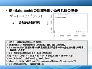  例)Mahalanobisの距離を用いた外れ値の除去
  D 2 = ( x − µ )t Σ − 1 ( x − µ )
     Σ   ：分散共分散行列




> cen <- apply(Animals2, 2, mean)
> ...