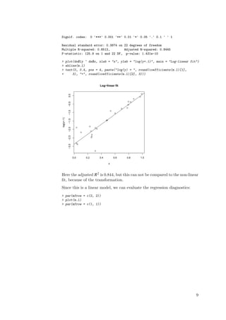 Signif. codes:                          0 '***' 0.001 '**' 0.01 '*' 0.05 '.' 0.1 ' ' 1

Residual standard error: 0.3874 on 22 degrees of freedom
Multiple R-squared: 0.8512,        Adjusted R-squared: 0.8445
F-statistic: 125.9 on 1 and 22 DF, p-value: 1.431e-10

> plot(ds$ly ~ ds$x, xlab = "x", ylab = "log(y+.1)", main = "Log-linear fit")
> abline(m.l)
> text(0, 0.4, pos = 4, paste("log(y) = ", round(coefficients(m.l)[1],
+     3), "+", round(coefficients(m.l)[2], 3)))


                                                    Log−linear fit
                     log(y) = −2.87 + 2.931

                                                                                              q
            0.0




                                                                                          q
                                                                                      q
                                                                                q q
            −0.5




                                                                                q

                                                                            q   q
            −1.0




                                                                  q
                                                                       q
log(y+.1)

            −1.5




                                                          q
                                                          q


                                    q
                     q
            −2.0




                                            q
                                                q
                                        q
                              q
                                        q
            −2.5




                                        q
                                        q


                         q
                          q
            −3.0




                                            q



                   0.0            0.2               0.4               0.6       0.8       1.0

                                                              x



Here the adjusted R 2 is 0.844, but this can not be compared to the non-linear
ﬁt, because of the transformation.
Since this is a linear model, we can evaluate the regression diagnostics:
> par(mfrow = c(2, 2))
> plot(m.l)
> par(mfrow = c(1, 1))




                                                                                                  9
 