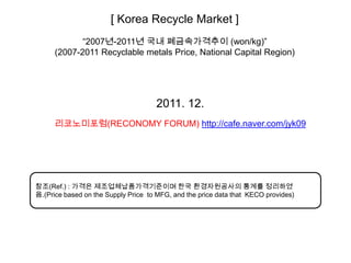 [ Korea Recycle Market ]
             “2007년-2011년 국내 폐금속가격추이 (won/kg)”
      (2007-2011 Recyclable metals Price, National Capital Region)




                                     2011. 12.
      리코노미포럼(RECONOMY FORUM) http://cafe.naver.com/jyk09




참조(Ref.) : 가격은 제조업체납품가격기준이며 한국 환경자원공사의 통계를 정리하였
음.(Price based on the Supply Price to MFG, and the price data that KECO provides)
 