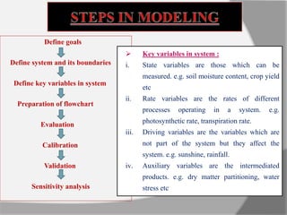 Define goals
Define system and its boundaries
Define key variables in system
Preparation of flowchart
Evaluation
Calibration
Validation
Sensitivity analysis
 Key variables in system :
i. State variables are those which can be
measured. e.g. soil moisture content, crop yield
etc
ii. Rate variables are the rates of different
processes operating in a system. e.g.
photosynthetic rate, transpiration rate.
iii. Driving variables are the variables which are
not part of the system but they affect the
system. e.g. sunshine, rainfall.
iv. Auxiliary variables are the intermediated
products. e.g. dry matter partitioning, water
stress etc
 