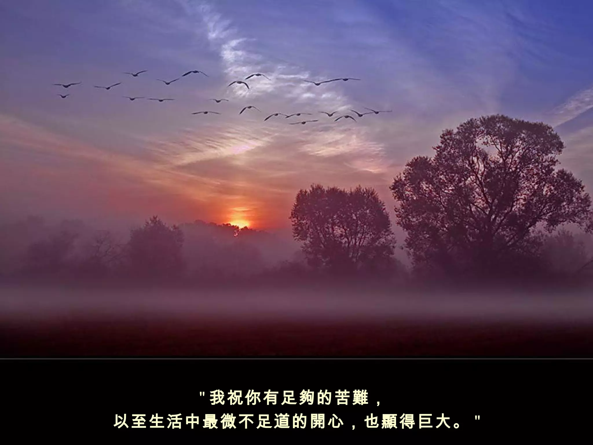 " 我祝你有足夠的苦難，
以至生活中最微不足道的開心，也顯得巨大。 "
 