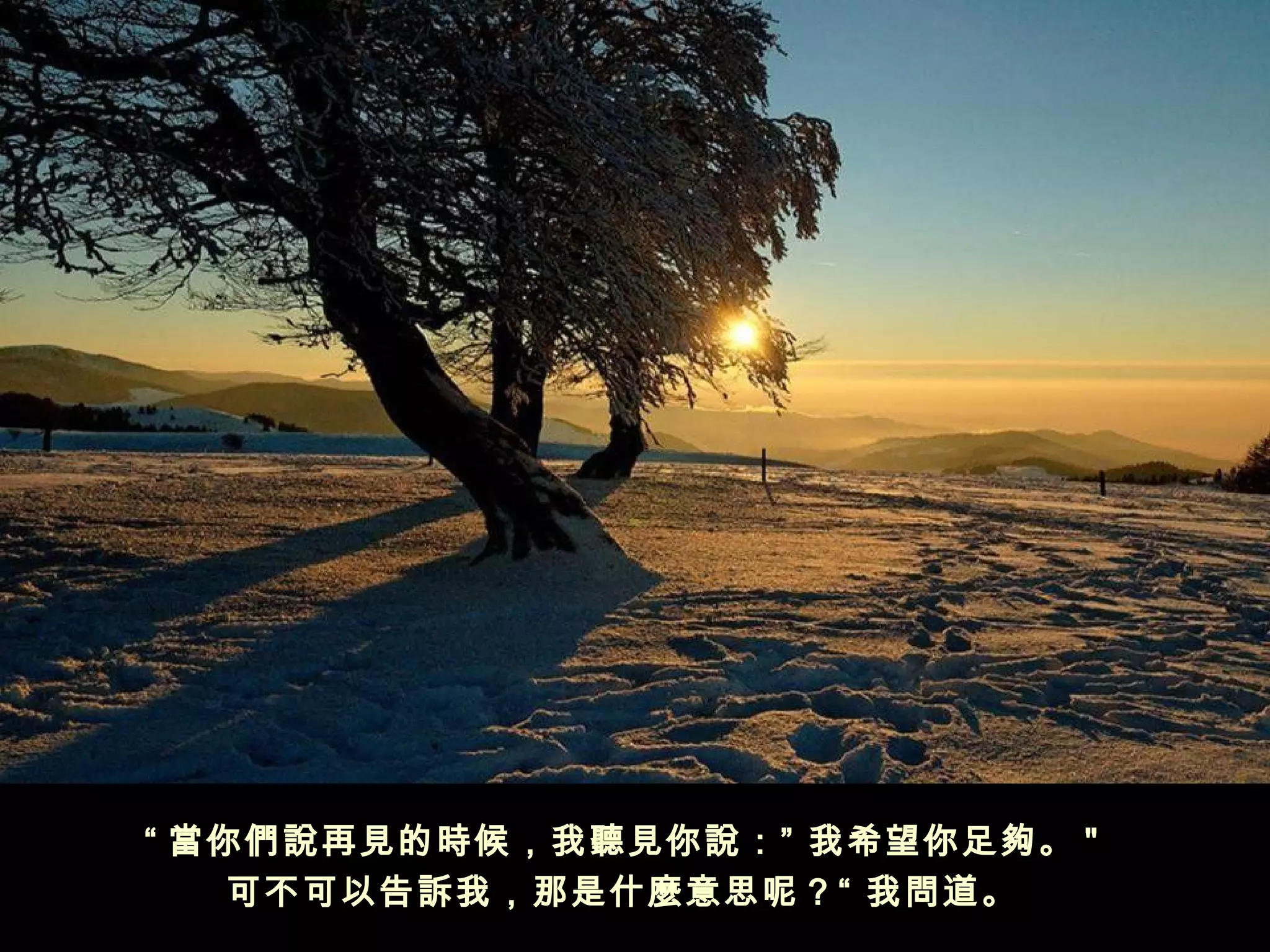 “ 當你們說再見的時候，我聽見你說：” 我希望你足夠。 " 
    可不可以告訴我，那是什麼意思呢？“ 我問道。  
 