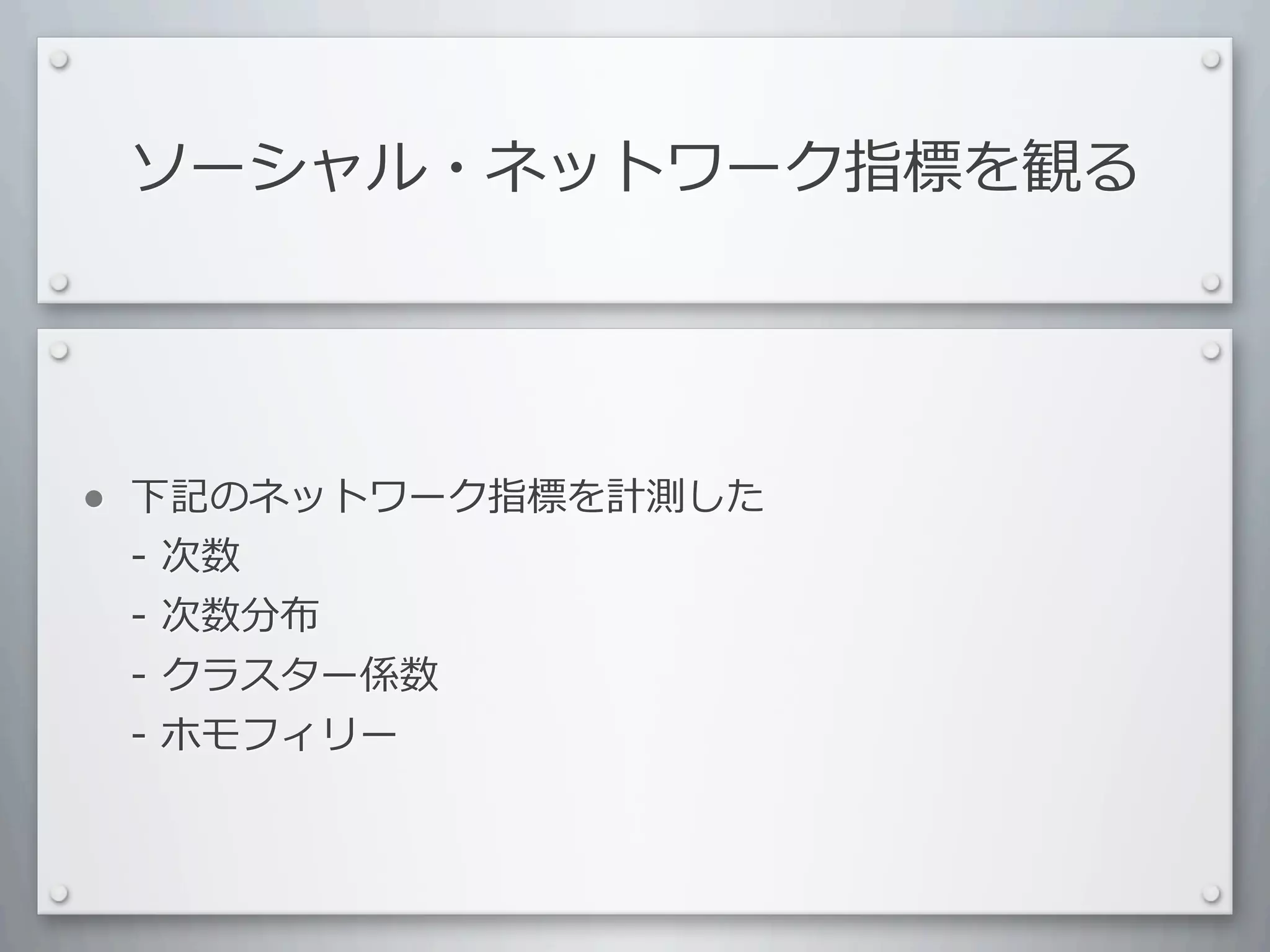 ソーシャル・ネットワーク指標を観る




•   下記のネットワーク指標を計測した
    -	
  次数
    -	
  次数分布
    -	
  クラスター係数
    -	
  ホモフィリー
 