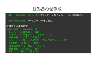 MߺϤ碌
install.packages("conjoint") #ѥå`Υ󥹥ȩ`롣ؤΤߡ
library(conjoint) #ѥå`κӳ
# Ԥˮʤָ
experiment <- expand.grid(
 = c("Qʽ", "̶"),
ߥ` = c("һۥ", "ߥ`쥹"),
ɫ = c("\", "ɫ"),
󥵩` = c("APS-C", "ޥե``"),
HDRC = c("o", "Ф"),
ˮ = c("o", "Ф"),
ӻӰ = c("o", "Ф"),
WiFi = c("o", "Ф"))
 