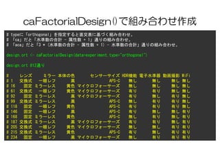 caFactorialDesign()ǽMߺϤ碌
# typeˡorthogonalֱָ˻ŤMߺϤ碌
# caȡˮκӋ -  + 1ͨνMߺϤ碌
# acaȡ3 * (ˮκӋ -  + 1) - ˮκӋͨνMߺϤ碌
design.ort <- caFactorialDesign(data=experiment,type="orthogonal")
design.ort #12ͨ
#  ߥ` ɫ 󥵩` HDRC ˮ ӻӰ WiFi
# 1 Qʽ һۥ \ APS-C o o o o
# 16 ̶ ߥ`쥹 ɫ ޥե`` o o o o
# 61 Qʽ һۥ ɫ ޥե`` Ф Ф o o
# 92 ̶ ߥ`쥹 \ ޥե`` Ф o Ф o
# 99 Qʽ ߥ`쥹 \ APS-C o Ф Ф o
# 118 ̶ һۥ ɫ APS-C Ф Ф Ф o
# 146 ̶ һۥ \ APS-C Ф o o Ф
# 168 ̶ ߥ`쥹 ɫ APS-C o Ф o Ф
# 187 Qʽ ߥ`쥹 \ ޥե`` Ф Ф o Ф
# 205 Qʽ һۥ ɫ ޥե`` o o Ф Ф
# 215 Qʽ ߥ`쥹 ɫ APS-C Ф o Ф Ф
# 234 ̶ һۥ \ ޥե`` o Ф Ф Ф
 