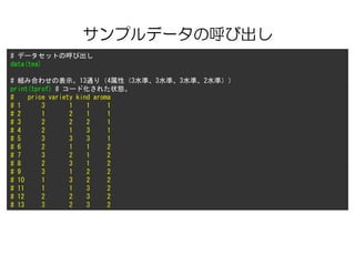 ץǩ`κӳ
# ǩ`åȤκӳ
data(tea)
# MߺϤ碌αʾ13ͨ꣨4ԣ3ˮʡ3ˮʡ3ˮʡ2ˮʣ
print(tprof) # `ɻ줿״B
# price variety kind aroma
# 1 3 1 1 1
# 2 1 2 1 1
# 3 2 2 2 1
# 4 2 1 3 1
# 5 3 3 3 1
# 6 2 1 1 2
# 7 3 2 1 2
# 8 2 3 1 2
# 9 3 1 2 2
# 10 1 3 2 2
# 11 1 1 3 2
# 12 2 2 3 2
# 13 3 2 3 2
 