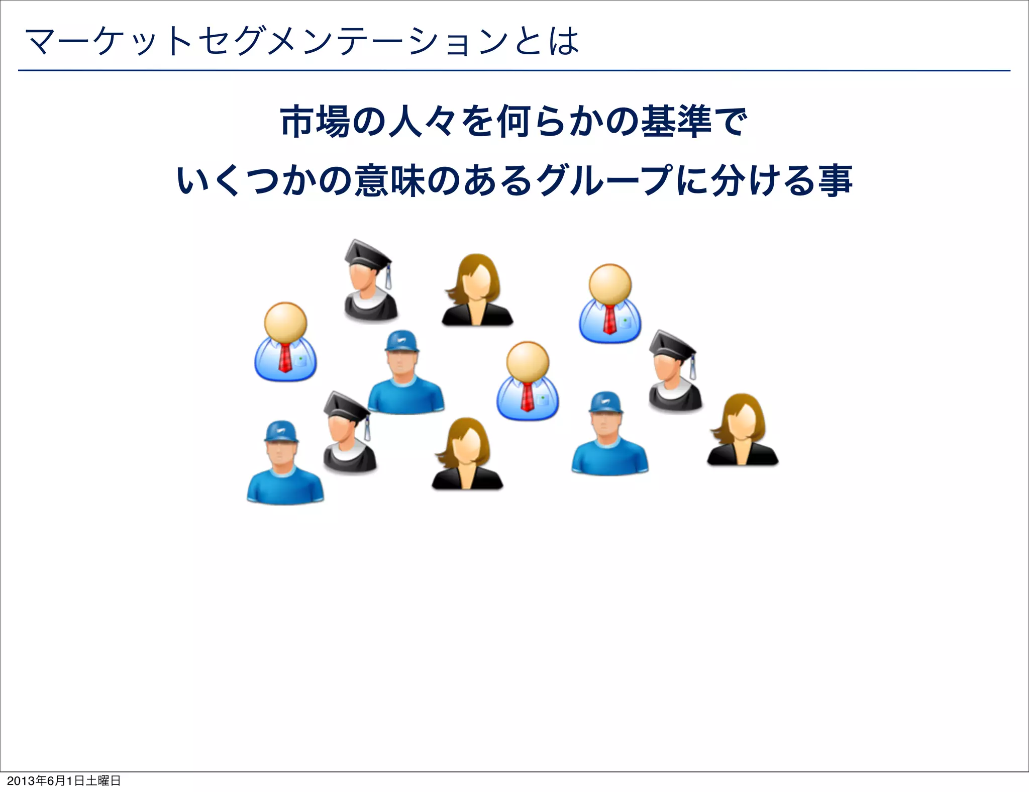 マーケットセグメンテーションとは
市場の人々を何らかの基準で
いくつかの意味のあるグループに分ける事
2013年6月1日土曜日
 