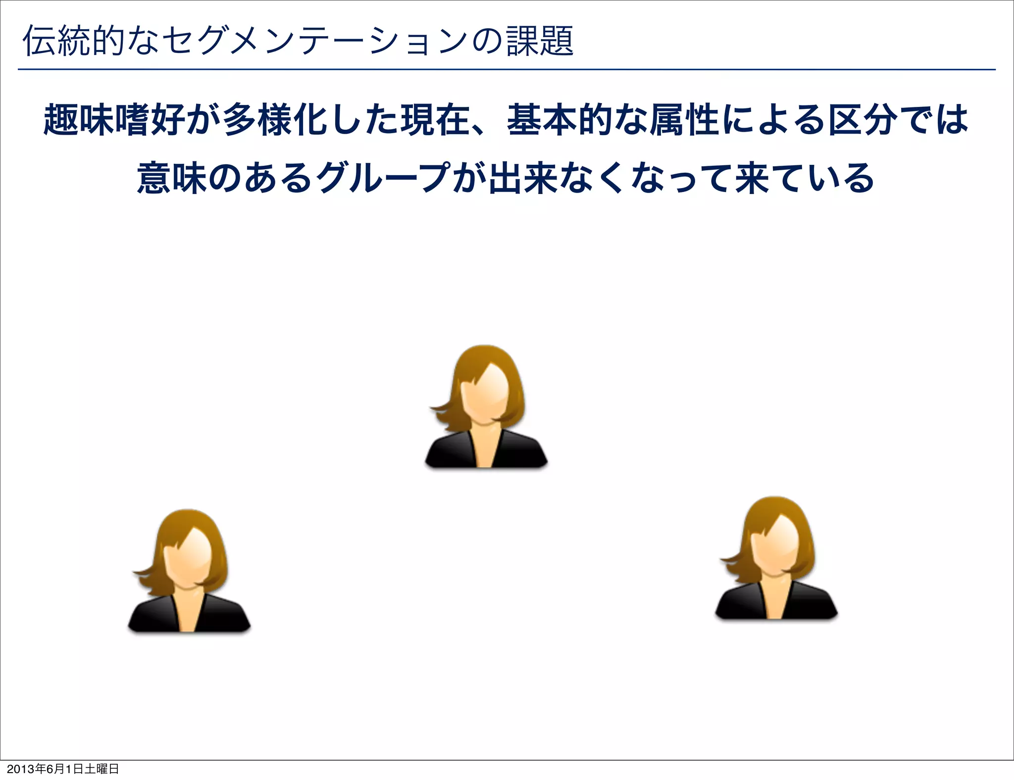 伝統的なセグメンテーションの課題
趣味嗜好が多様化した現在、基本的な属性による区分では
意味のあるグループが出来なくなって来ている
2013年6月1日土曜日
 