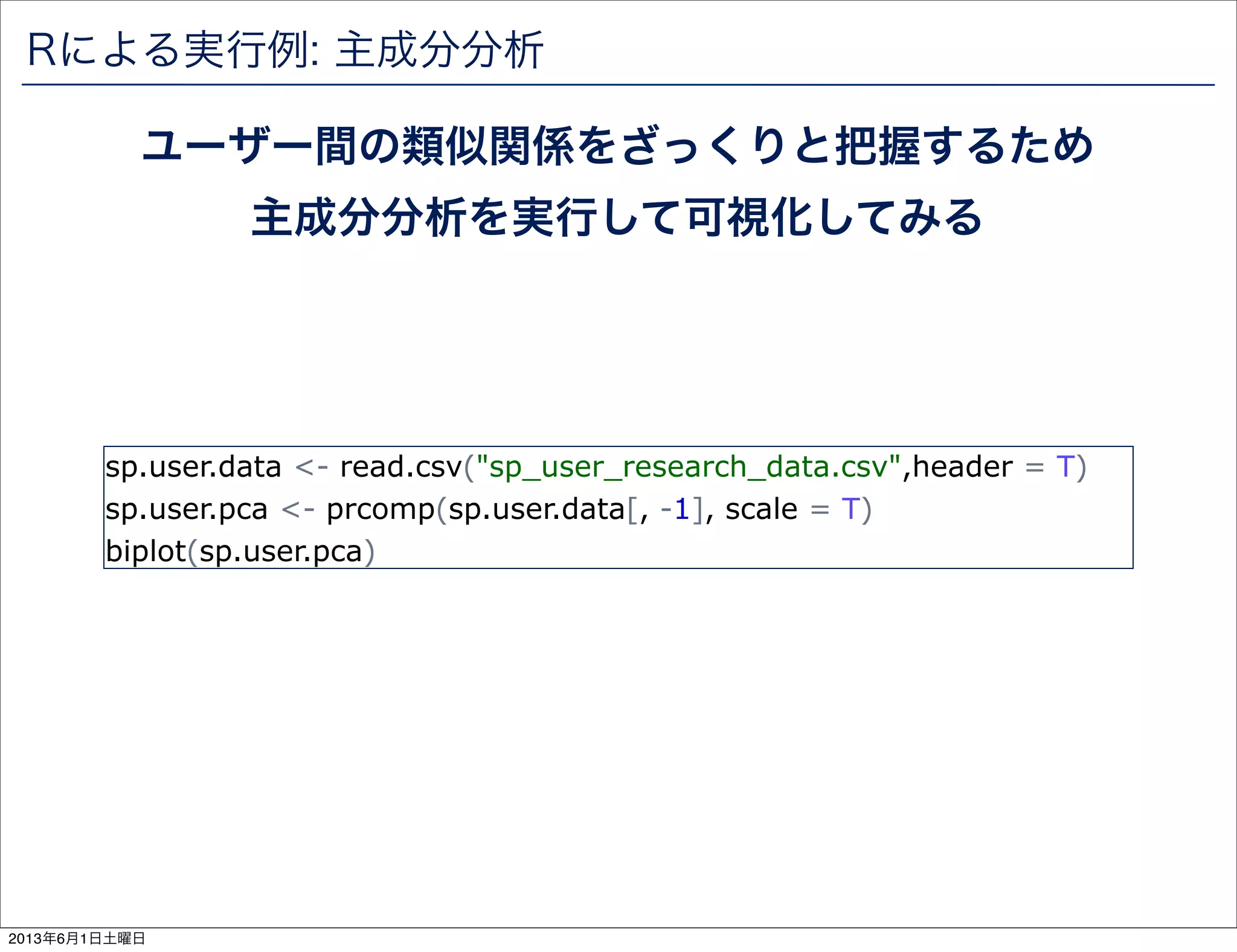 Rによる実行例: 主成分分析
ユーザー間の類似関係をざっくりと把握するため
主成分分析を実行して可視化してみる
sp.user.data <- read.csv("sp_user_research_data.csv",header = T)
sp.user.pca <- prcomp(sp.user.data[, -1], scale = T)
biplot(sp.user.pca)
2013年6月1日土曜日
 