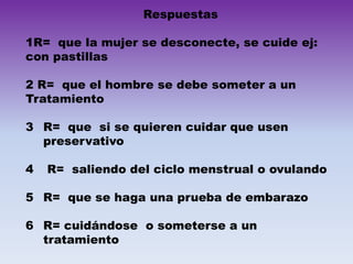Respuestas
1R= que la mujer se desconecte, se cuide ej:
con pastillas
2 R= que el hombre se debe someter a un
Tratamiento
3 R= que si se quieren cuidar que usen
preservativo

4

R= saliendo del ciclo menstrual o ovulando

5 R= que se haga una prueba de embarazo

6 R= cuidándose o someterse a un
tratamiento

 