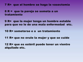 7 R= que el hombre se haga la vasectomía
8 R = que la pareja se someta a un
tratamiento
9 R= que la mujer tenga un hombre estable
para que no le de una mala enfermedad etc.
10 R= someterse e a un tratamiento
11 R= que no ovule la mujer y que se cuide

12 R= que es estéril puede tener un vientre
alquilado etc.

 