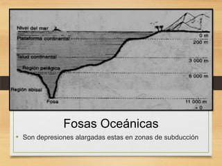 Fosas Oceánicas
• Son depresiones alargadas estas en zonas de subducción

 