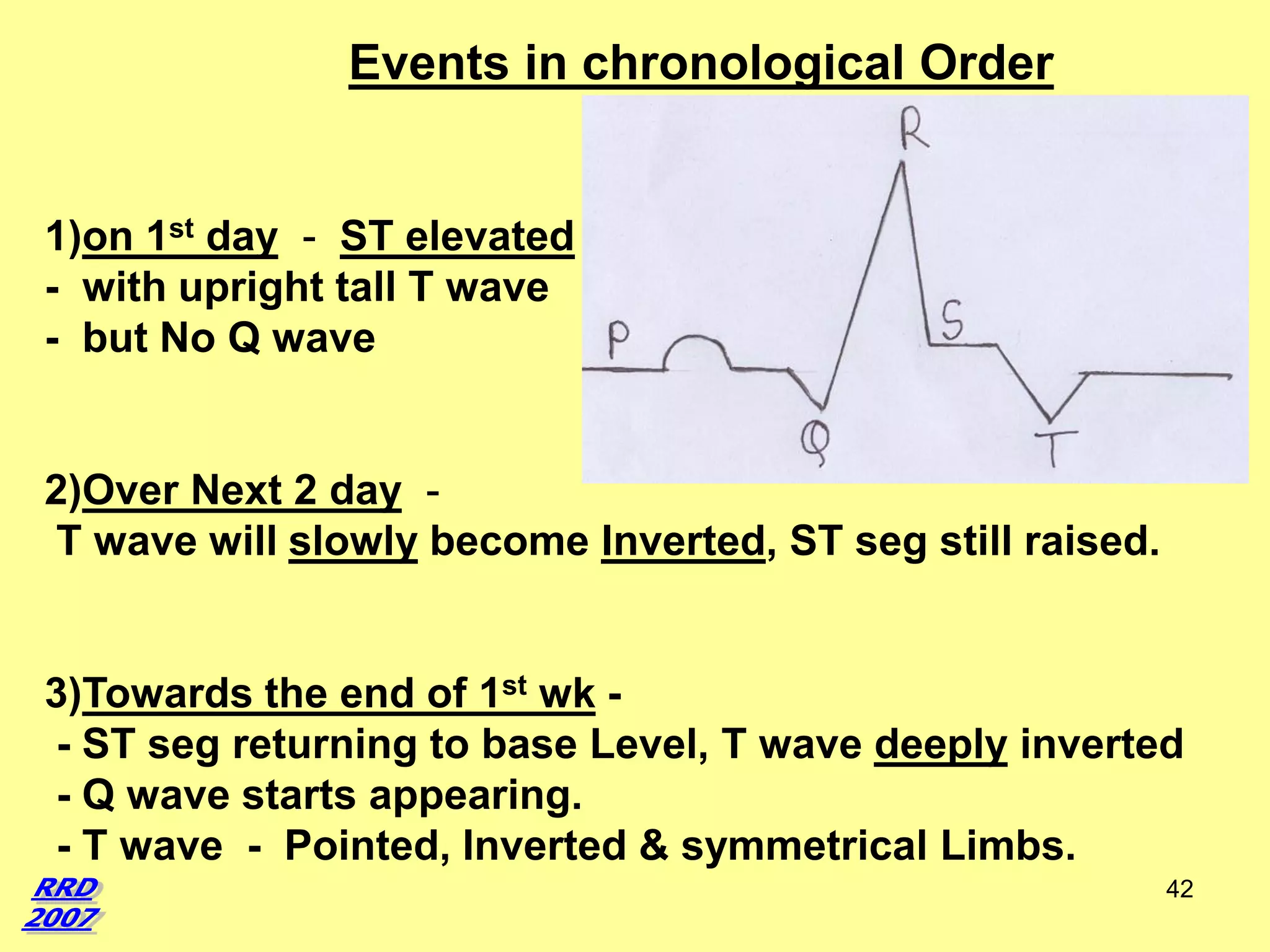 Events in chronological Order

1)on 1st day - ST elevated
- with upright tall T wave
- but No Q wave

2)Over Next 2 day T wave will slowly become Inverted, ST seg still raised.

3)Towards the end of 1st wk - ST seg returning to base Level, T wave deeply inverted
- Q wave starts appearing.
- T wave - Pointed, Inverted & symmetrical Limbs.
42

 