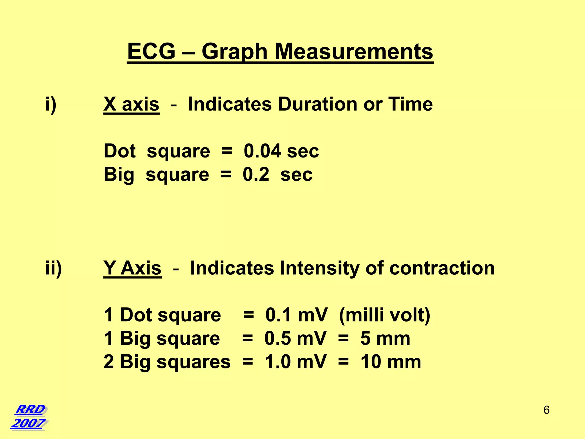 ECG – Graph Measurements
i)

X axis - Indicates Duration or Time
Dot square = 0.04 sec
Big square = 0.2 sec

ii)

Y Axis - Indicates Intensity of contraction
1 Dot square = 0.1 mV (milli volt)
1 Big square = 0.5 mV = 5 mm
2 Big squares = 1.0 mV = 10 mm
6

 