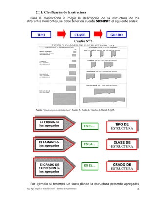 Ing. Agr. Miguel A. Scalone Echave – Instituto de Agrimensura 13
2.2.1. Clasificación de la estructura
Para la clasificación o mejor la descripción de la estructura de los
diferentes horizontes, se debe tener en cuenta SIEMPRE el siguiente orden:
Cuadro Nº 5
Fuente: “Cuaderno práctico de Edafología”. Kaplán, A., Rucks, L. Telechea, L. Mandl, A. AEA.
Por ejemplo si tenemos un suelo dónde la estructura presenta agregados
La FORMA de
los agregados TIPO DE
ESTRUCTURA
El TAMAÑO de
los agregados
CLASE DE
ESTRUCTURA
El GRADO DE
EXPRESION de
los agregados
GRADO DE
ESTRUCTURA
ES EL...
ES LA...
ES EL...
TIPO CLASE GRADO
 