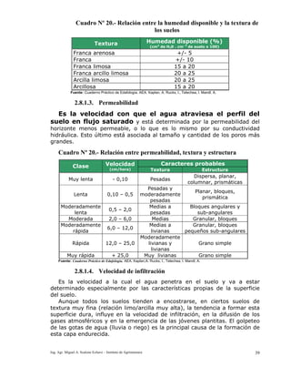 Ing. Agr. Miguel A. Scalone Echave – Instituto de Agrimensura 39
Cuadro Nº 20.- Relación entre la humedad disponible y la textura de
los suelos
Textura Humedad disponible (%)
(cm3
de H20 . cm- 3
de suelo x 100)
Franca arenosa +/- 5
Franca +/- 10
Franca limosa 15 a 20
Franca arcillo limosa 20 a 25
Arcilla limosa 20 a 25
Arcillosa 15 a 20
Fuente: Cuaderno Práctico de Edafología. AEA. Kaplan, A. Rucks, l., Telechea, l. Mandl, A.
2.8.1.3. Permeabilidad
Es la velocidad con que el agua atraviesa el perfil del
suelo en flujo saturado y está determinada por la permeabilidad del
horizonte menos permeable, o lo que es lo mismo por su conductividad
hidráulica. Esto último está asociada al tamaño y cantidad de los poros más
grandes.
Cuadro Nº 20.- Relación entre permeabilidad, textura y estructura
Caracteres probablesClase Velocidad
(cm/hora) Textura Estructura
Muy lenta - 0,10 Pesadas
Dispersa, planar,
columnar, prismáticas
Lenta 0,10 – 0,5
Pesadas y
moderadamente
pesadas
Planar, bloques,
prismática
Moderadamente
lenta
0,5 – 2,0
Medias a
pesadas
Bloques angulares y
sub-angulares
Moderada 2,0 – 6,0 Medias Granular, bloques
Moderadamente
rápida
6,0 – 12,0
Medias a
livianas
Granular, bloques
pequeños sub-angulares
Rápida 12,0 – 25,0
Moderadamente
livianas y
livianas
Grano simple
Muy rápida + 25,0 Muy livianas Grano simple
Fuente: Cuaderno Práctico de Edafología. AEA. Kaplan,A. Rucks, l., Telechea, l. Mandl, A.
2.8.1.4. Velocidad de infiltración
Es la velocidad a la cual el agua penetra en el suelo y va a estar
determinado especialmente por las características propias de la superficie
del suelo.
Aunque todos los suelos tienden a encostrarse, en ciertos suelos de
textura muy fina (relación limo/arcilla muy alta), la tendencia a formar esta
superficie dura, influye en la velocidad de infiltración, en la difusión de los
gases atmosféricos y en la emergencia de las jóvenes plantitas. El golpeteo
de las gotas de agua (lluvia o riego) es la principal causa de la formación de
esta capa endurecida.
 