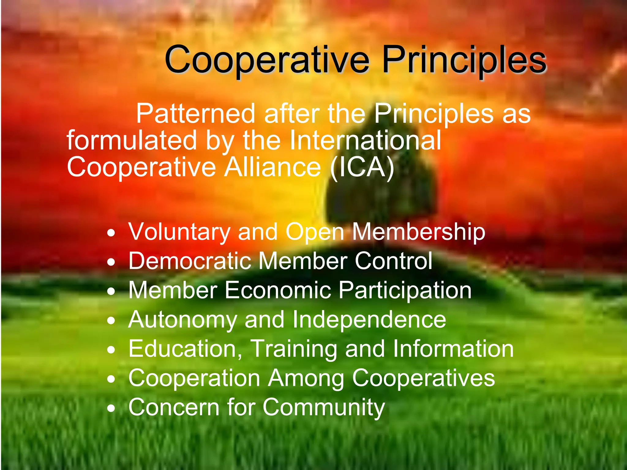 Cooperative Principles
Patterned after the Principles as
formulated by the International
Cooperative Alliance (ICA)
 Voluntary and Open Membership
 Democratic Member Control
 Member Economic Participation
 Autonomy and Independence
 Education, Training and Information
 Cooperation Among Cooperatives
 Concern for Community
 
