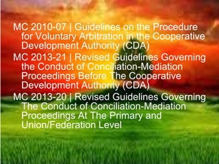 MC 2010-07 | Guidelines on the Procedure
for Voluntary Arbitration in the Cooperative
Development Authority (CDA)
MC 2013-21 | Revised Guidelines Governing
the Conduct of Conciliation-Mediation
Proceedings Before The Cooperative
Development Authority (CDA)
MC 2013-20 | Revised Guidelines Governing
The Conduct of Conciliation-Mediation
Proceedings At The Primary and
Union/Federation Level
 