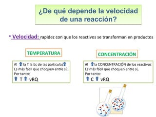 ¿De qué depende la velocidad
de una reacción?
¿De qué depende la velocidad
de una reacción?
• Velocidad: rapidez con que los reactivos se transforman en productos
TEMPERATURA
Al la T la Ec de las partículas
Es más fácil que choquen entre sí,
Por tanto:
T vRQ
CONCENTRACIÓN
Al la CONCENTRACIÓN de los reactivos
Es más fácil que choquen entre sí,
Por tanto:
C vRQ
 