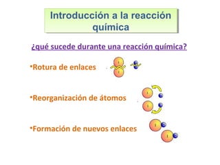 ¿qué sucede durante una reacción química?
•Rotura de enlaces
•Reorganización de átomos
•Formación de nuevos enlaces
Introducción a la reacción
química
Introducción a la reacción
química
 