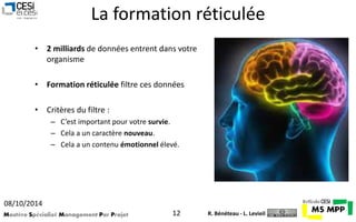 La formation réticulée 
• 2 milliards de données entrent dans votre 
organisme 
• Formation réticulée filtre ces données 
• Critères du filtre : 
– C’est important pour votre survie. 
– Cela a un caractère nouveau. 
– Cela a un contenu émotionnel élevé. 
08/10/2014 
Mastère Spécialisé Management Par Projet 12 
R. Bénéteau - L. Levieil 
 