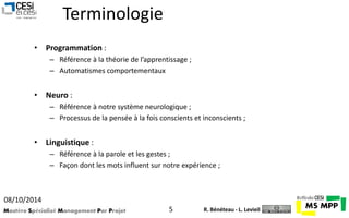 Terminologie 
• Programmation : 
– Référence à la théorie de l’apprentissage ; 
– Automatismes comportementaux 
• Neuro : 
– Référence à notre système neurologique ; 
– Processus de la pensée à la fois conscients et inconscients ; 
• Linguistique : 
– Référence à la parole et les gestes ; 
– Façon dont les mots influent sur notre expérience ; 
08/10/2014 
Mastère Spécialisé Management Par Projet 5 
R. Bénéteau - L. Levieil 
 