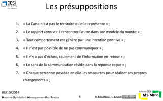 Les présuppositions 
1. « La Carte n'est pas le territoire qu’elle représente » ; 
2. « Le rapport consiste à rencontrer l’autre dans son modèle du monde » ; 
3. « Tout comportement est généré par une intention positive » ; 
4. « Il n'est pas possible de ne pas communiquer » ; 
5. « Il n'y a pas d'échec, seulement de l’information en retour » ; 
6. « Le sens de la communication réside dans la réponse reçue » ; 
7. « Chaque personne possède en elle les ressources pour réaliser ses propres 
changements » ; 
08/10/2014 
Mastère Spécialisé Management Par Projet 8 
R. Bénéteau - L. Levieil 
 