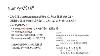 NumPyで分析 
• こちらは、StatsModelsとは違ってパッと計算できない 
（宿題で分析手順を追うなら、こちらの方が適している） 
• NumPyのメソッド 
• numpy.matrix(list) リストを行列に変換する 
Y = numpy.matrix(y) 
X1 = numpy.matrix([[x1,[1]*7]]) 
X = numpy.matrix([[x1,x2,[1]*7]]) 
X1とXの後ろの[1]*7は定数項 
（x1,x2のデータ数が7だから） 
>>> Y 
matrix([3, 4, 8, 5, 7, 2, 9], dtype=int64) 
>>> X1 
matrix([[1, 2, 4, 4, 4, 0, 3], 
[1, 1, 1, 1, 1, 1, 1]], dtype=int64) 
>>> X 
matrix([[ 1, 2, 4, 4, 4, 0, 3], 
[-5, 2, 0, 0, -1, 7, 5], 
[ 1, 1, 1, 1, 1, 1, 1]], dtype=int64) 
 