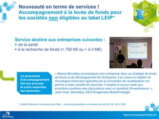 Rapport d’activités Alsace BioValley 2014
14
Le processus
d’accompagnement
fait ses preuves
et notre expertise
est reconnue :
Service destiné aux entreprises suivantes :
 de la santé
 à la recherche de fonds (< 750 K€ ou > à 3 M€)
« Alsace Biovalley accompagne mon entreprise dans sa stratégie de levée
de fonds et de développement de l'entreprise. Les mises en relation et
l'enveloppe financière apportée par la convention de revitalisation ont
permis à notre société de sécuriser 7 emplois à ce jour suite aux
évolutions positives des discussions avec un syndicat d'investisseurs. »
Jean-Yves Bonnefoy, CEO Anagenesis Biotechnologie
Nouveauté en terme de services !
Accompagnement à la levée de fonds pour
les sociétés non éligibles au label LEIP*
* Label Entreprises Innovantes des Pôles : coaching préparatoire aux levées de fond de 750 k€ à 3 M€
 