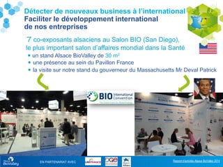 Rapport d’activités Alsace BioValley 2014
21
Détecter de nouveaux business à l’international
Faciliter le développement international
de nos entreprises
7 co-exposants alsaciens au Salon BIO (San Diego),
le plus important salon d’affaires mondial dans la Santé
 un stand Alsace BioValley de 30 m2
 une présence au sein du Pavillon France
 la visite sur notre stand du gouverneur du Massachusetts Mr Deval Patrick
EN PARTENARIAT AVEC
 